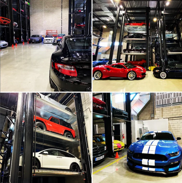 Westside Collector Car Storage multi-level stacking lifts holding customer collector cars in Playa Vista